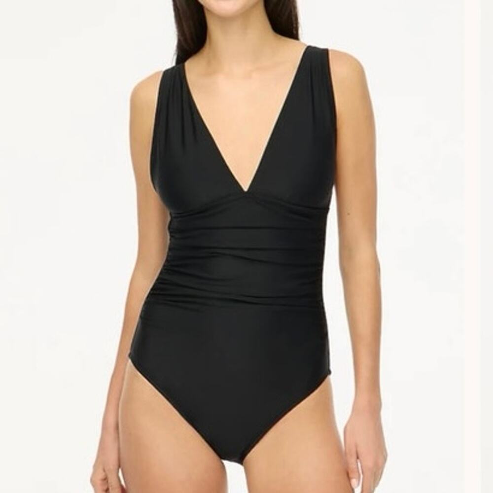 J.Crew Factory Ruched Plunge One Piece Swimsuit Black Size Large NWT